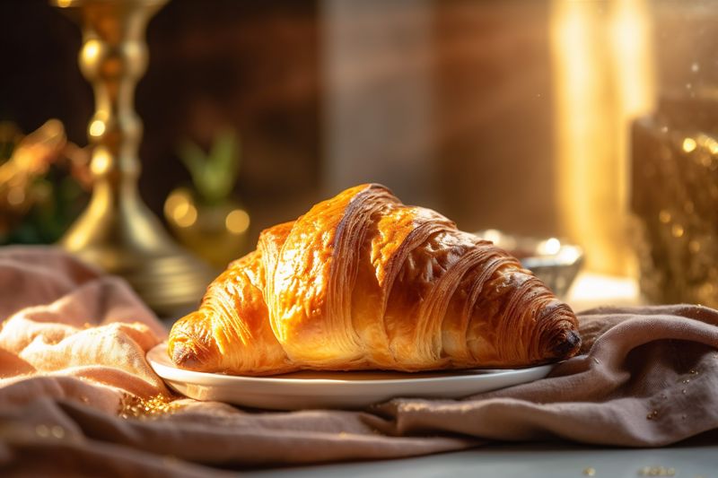 cup bokeh background drink background breakfast table croissant food morning mug bakery. Generative AI.