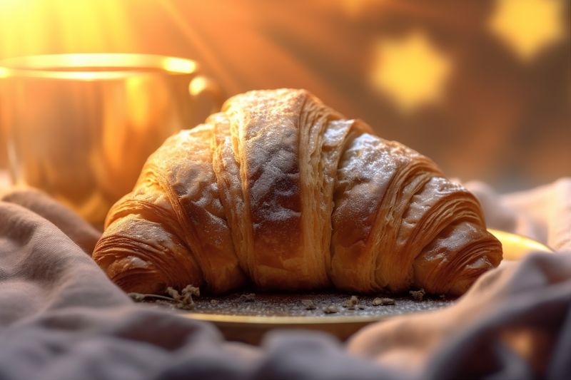 food bakery table morning bokeh breakfast background background croissant dessert drink cup. Generative AI.