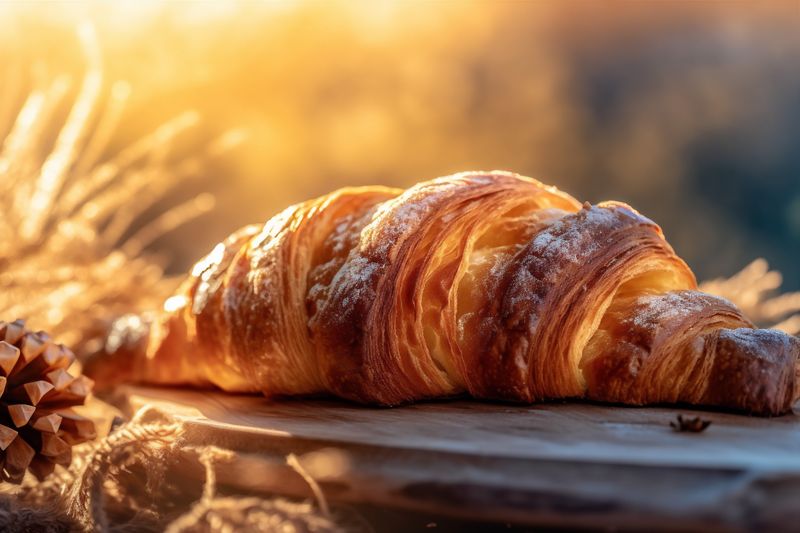 morning croissant drink table background pastry bakery background breakfast food cup bokeh. Generative AI.