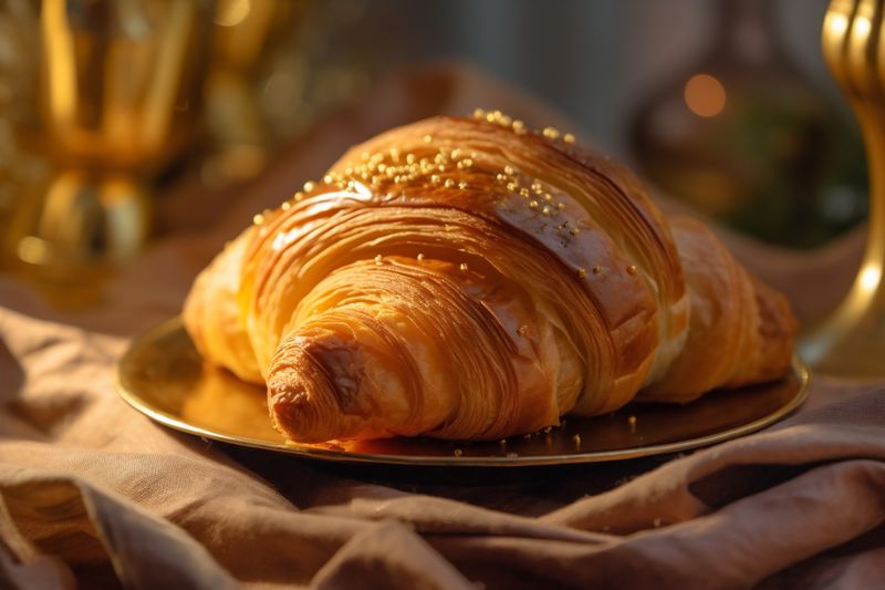 background bokeh table food croissant cup morning breakfast drink bakery closeup background. Generative AI.