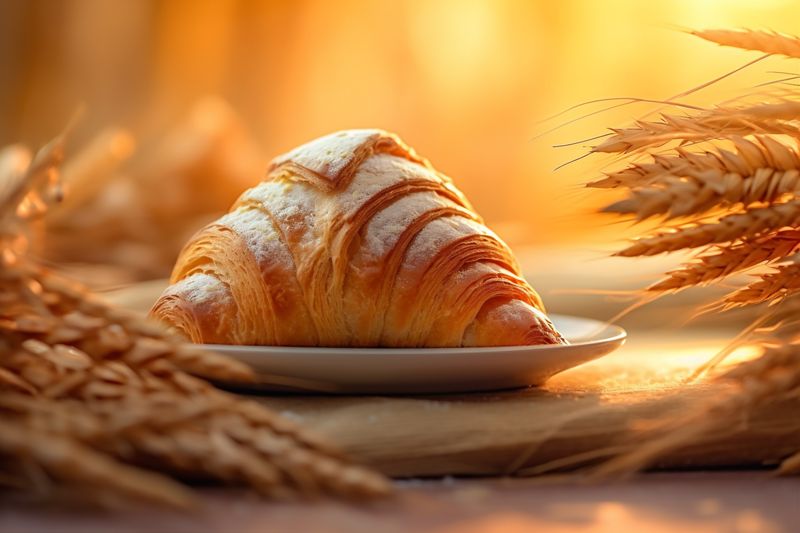 cup table bakery morning food wood bokeh drink background breakfast croissant background. Generative AI.