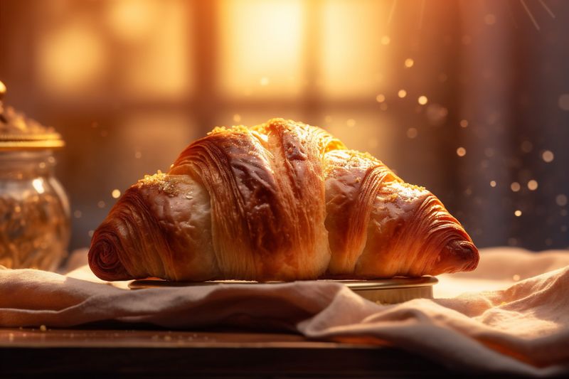 bakery background sweet background bokeh table morning croissant breakfast cup drink food. Generative AI.