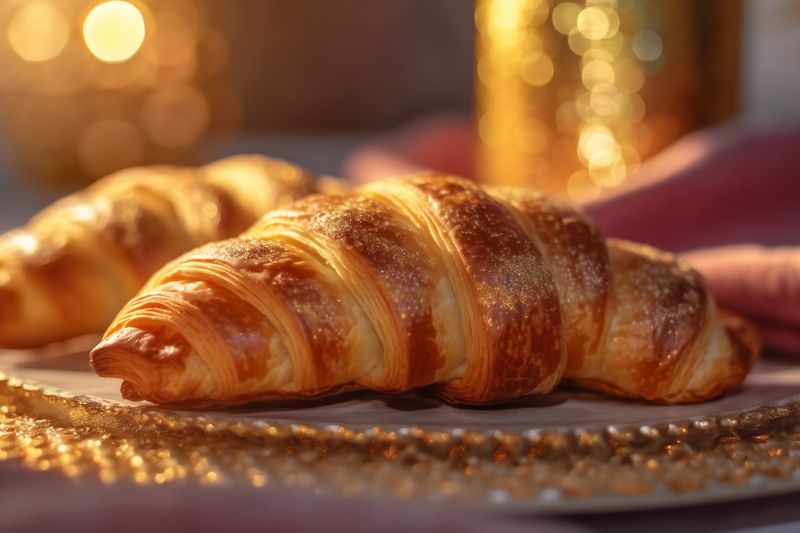 tea background cup breakfast croissant drink bakery background morning bokeh food table. Generative AI.