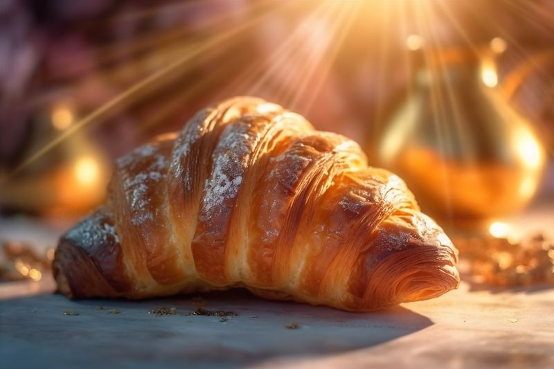 bread food breakfast cup croissant morning bokeh drink background table background bakery. Generative AI.