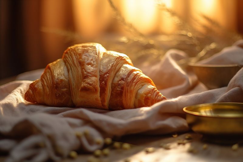 france table background drink cup bokeh croissant breakfast bakery morning food background. Generative AI.
