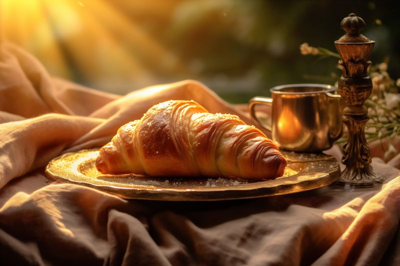 morning food bokeh background drink cup background france bakery croissant breakfast table. Generative AI.
