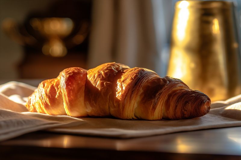 breakfast croissant bokeh drink background table morning food background fresh bakery cup. Generative AI.