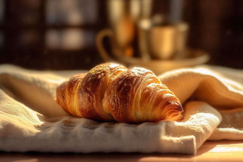 bokeh bakery food cup morning croissant table background drink hot breakfast background. Generative AI.