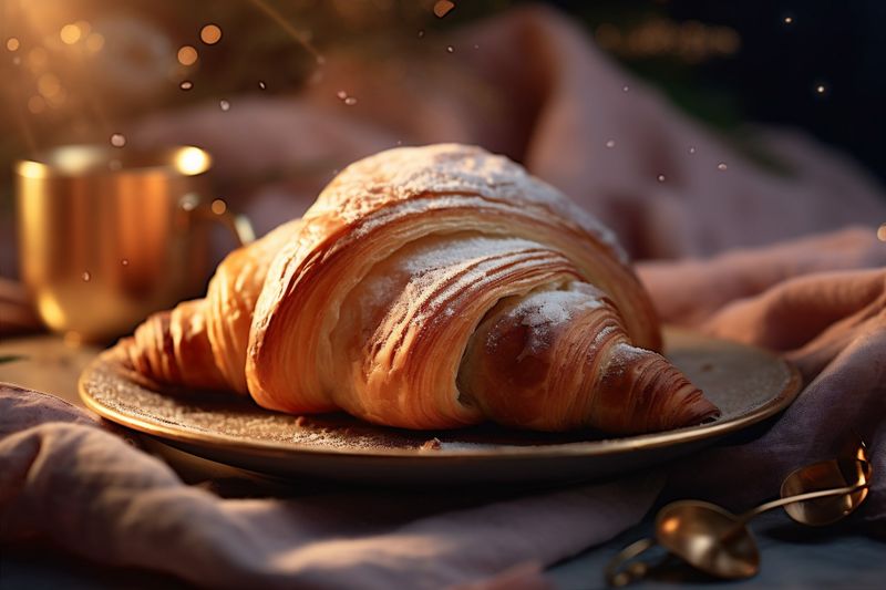 background table drink food hot bokeh croissant background morning breakfast bakery cup. Generative AI.