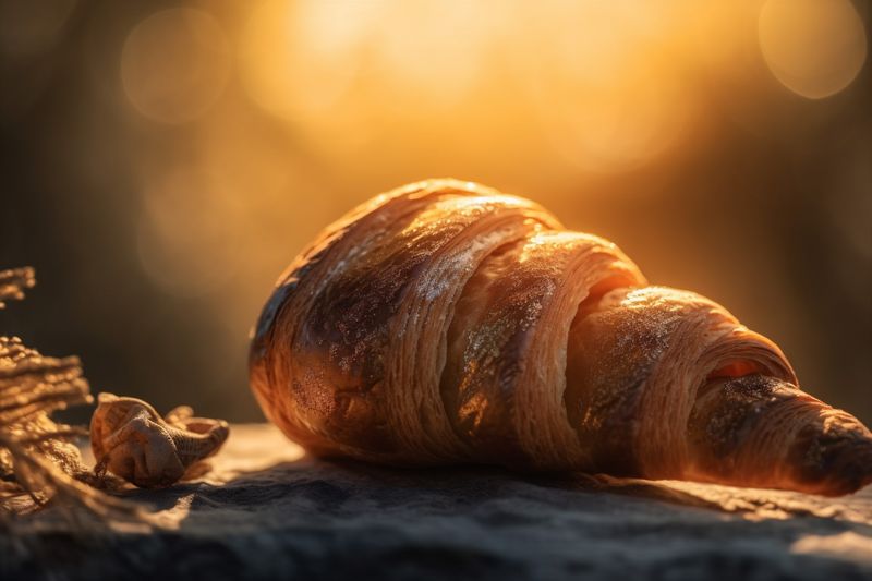 table drink breakfast background bakery bokeh mug morning food croissant background cup. Generative AI.