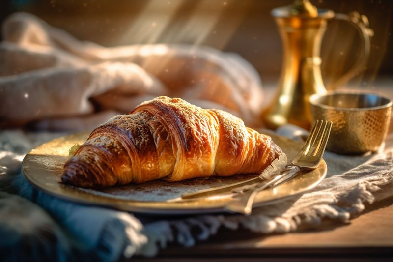 food croissant bread table morning bokeh bakery background cup breakfast drink background. Generative AI.