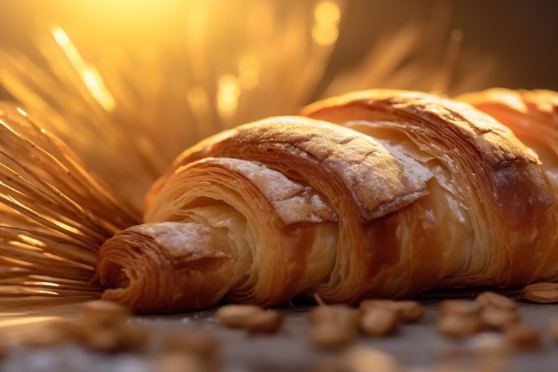 table croissant drink smoke background morning bokeh food breakfast bakery background cup. Generative AI.
