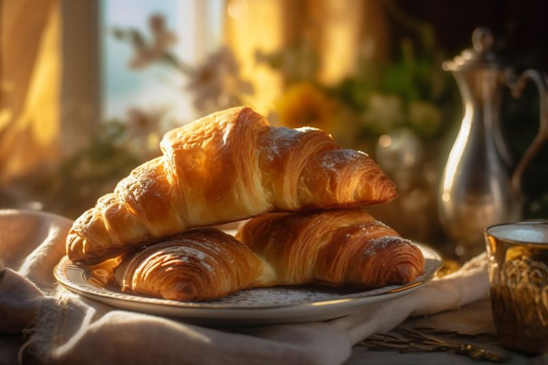 bokeh table croissant morning cup background drink food bakery france breakfast background. Generative AI.