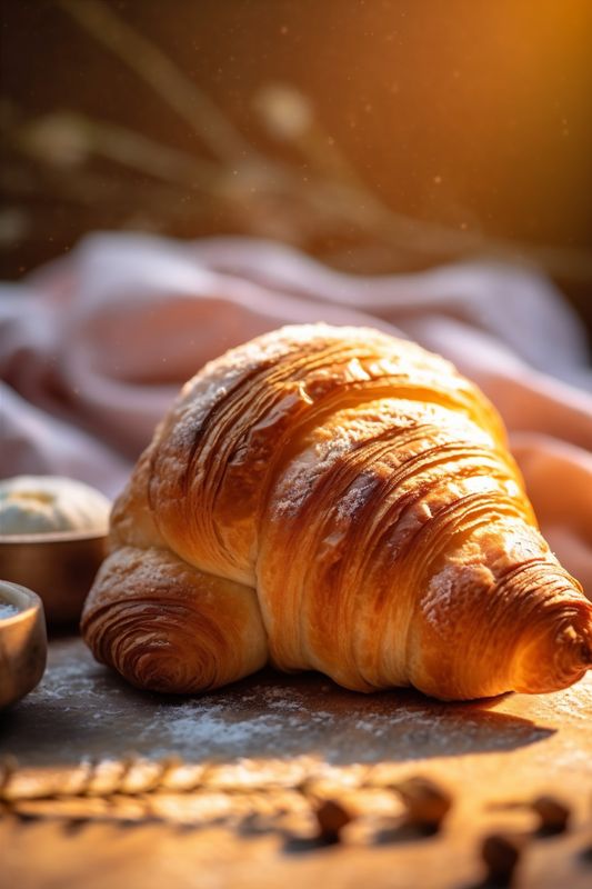 croissant gold background food breakfast table bokeh background morning bakery cup drink. Generative AI.