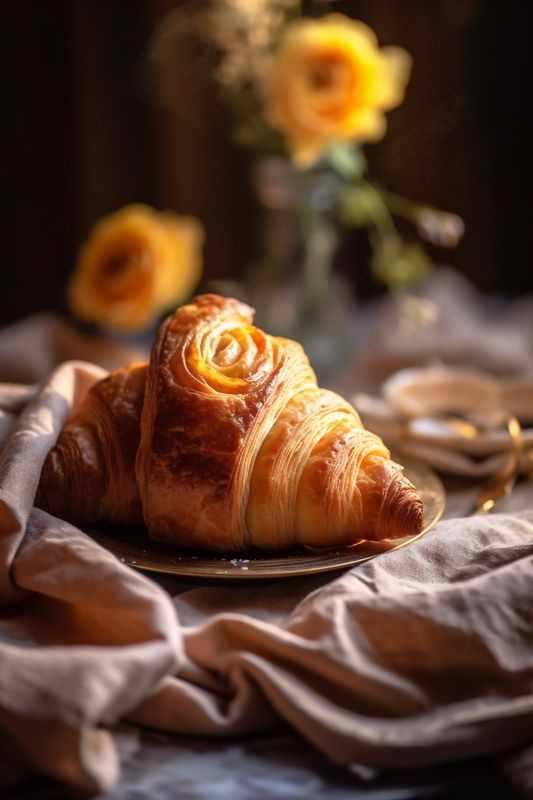 breakfast background croissant background drink bokeh cup delicious morning food bakery table. Generative AI.