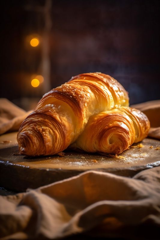 french background drink croissant breakfast background food cup bakery table morning bokeh. Generative AI.