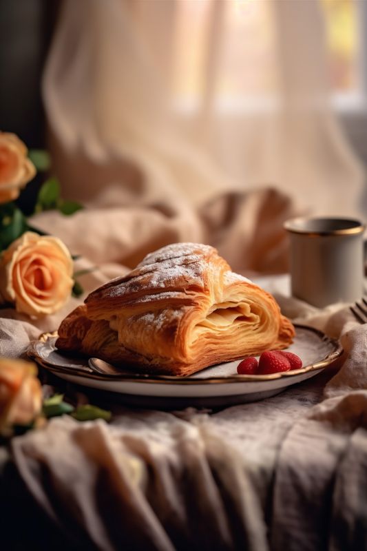 background breakfast cup bokeh table bakery background croissant drink food brown morning. Generative AI.