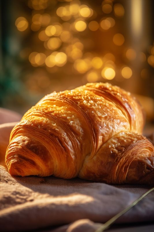 bokeh background bakery pastry drink cup background croissant table food morning breakfast. Generative AI.