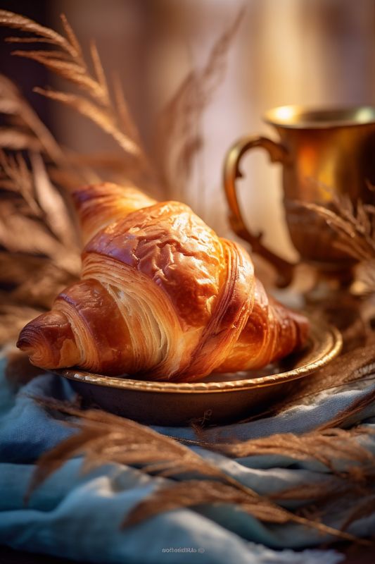 croissant drink background bokeh morning bakery table food tea breakfast cup background. Generative AI.