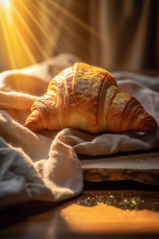 sweet morning drink croissant background table breakfast food cup bokeh background bakery. Generative AI.