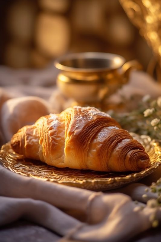 bokeh food cup drink morning tea background table croissant breakfast bakery background. Generative AI.