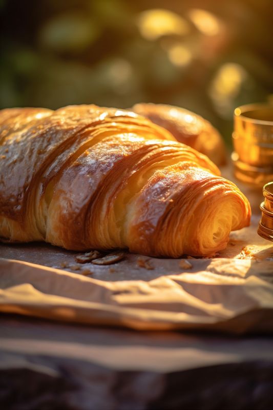 morning drink bokeh croissant table dessert background food bakery cup background breakfast. Generative AI.