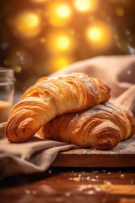drink breakfast morning bakery cup table food background background bokeh croissant white. Generative AI.