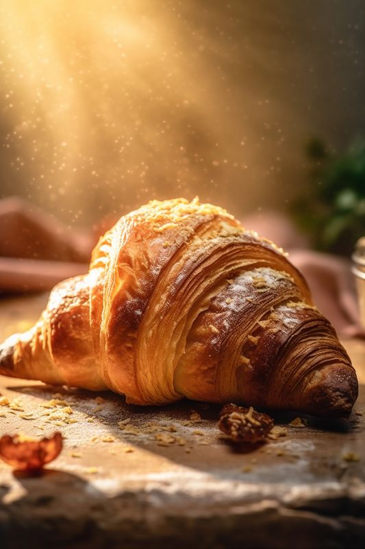 croissant background bakery smoke table cup morning food bokeh background breakfast drink. Generative AI.