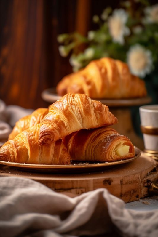 hot morning bakery food cup bokeh drink breakfast table background background croissant. Generative AI.