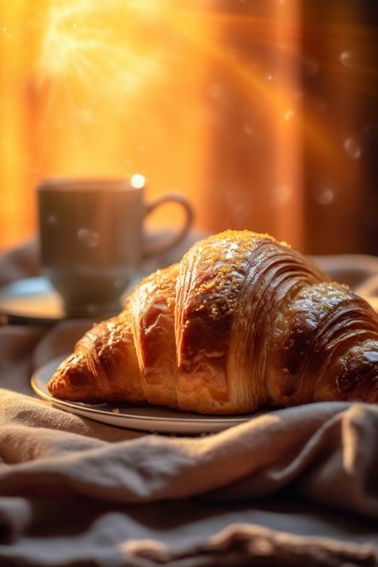 background background breakfast hot bokeh drink croissant morning bakery table food cup. Generative AI.
