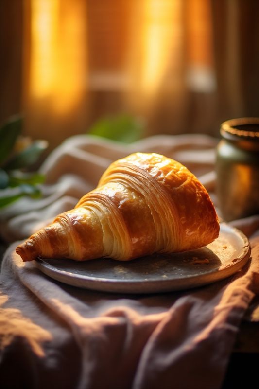 drink bakery food breakfast morning background bokeh table france croissant cup background. Generative AI.