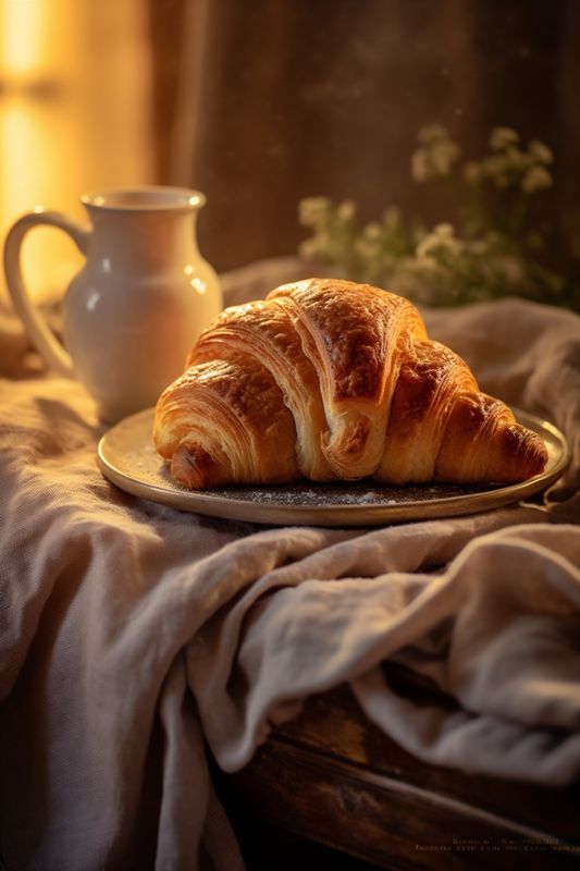 background food space background bakery breakfast morning table drink cup croissant bokeh. Generative AI.