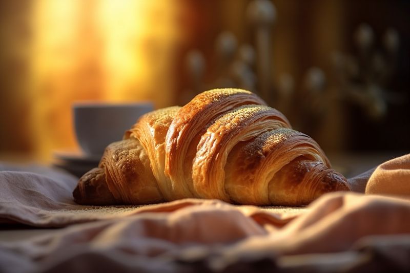 morning bokeh croissant background bakery background food cup table drink breakfast snack. Generative AI.