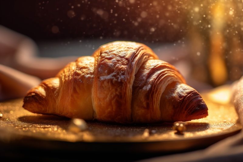food morning background croissant bakery drink background bokeh breakfast table view cup. Generative AI.