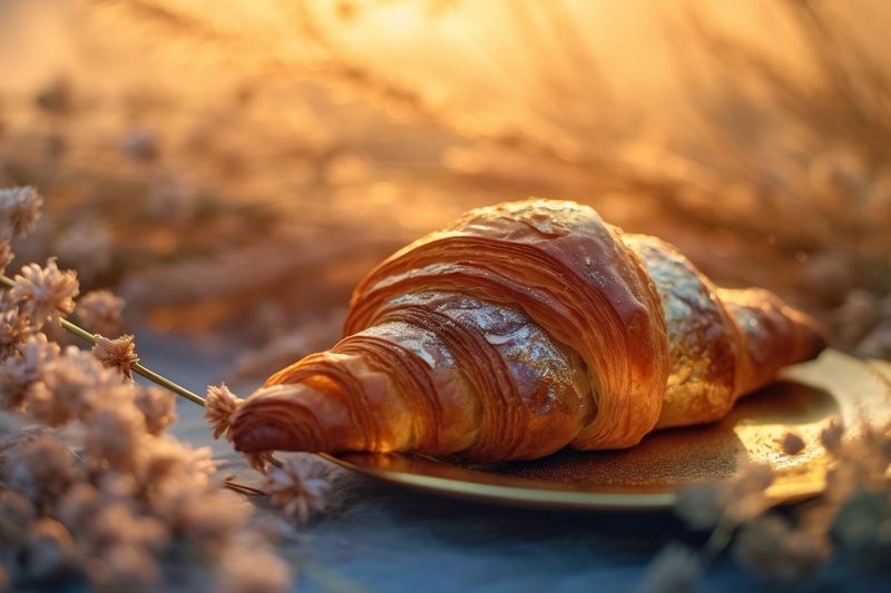 cup food morning breakfast croissant bakery background space bokeh table background drink. Generative AI.