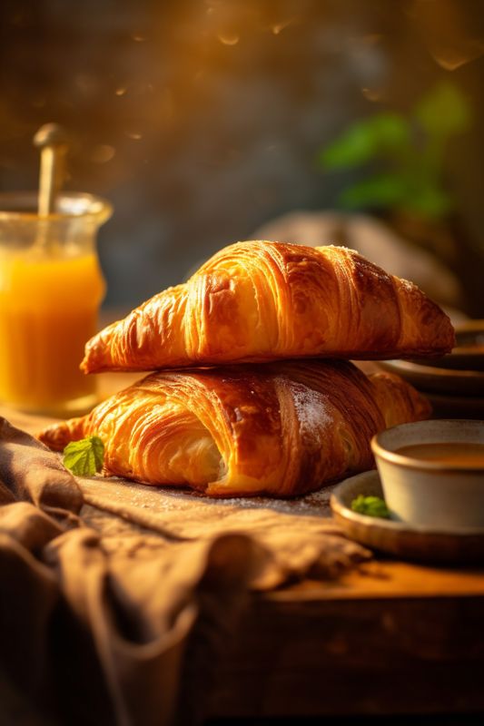bokeh background cup background morning breakfast table hot food drink croissant drink bakery. Generative AI.