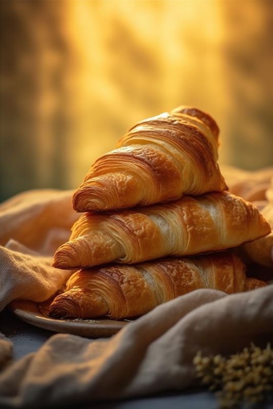 bokeh background drink background food breakfast bakery cup wooden table morning croissant. Generative AI.