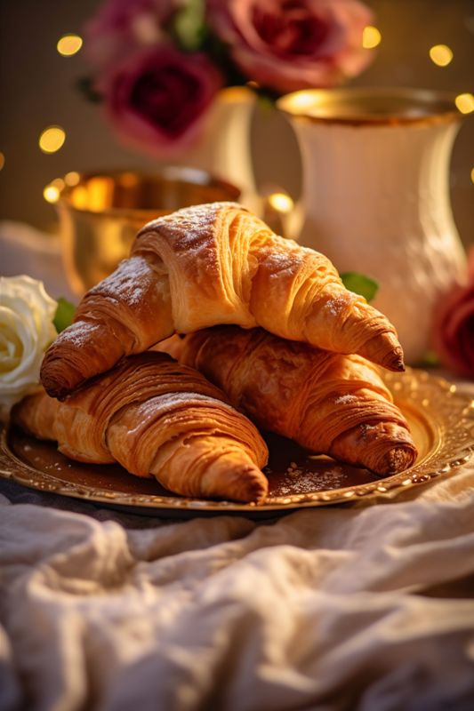 morning food table croissant cup background drink bokeh background mug bakery breakfast. Generative AI.