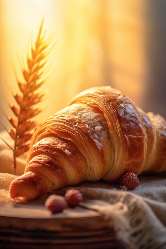 drink breakfast background view bakery table cup food croissant bokeh background morning. Generative AI.