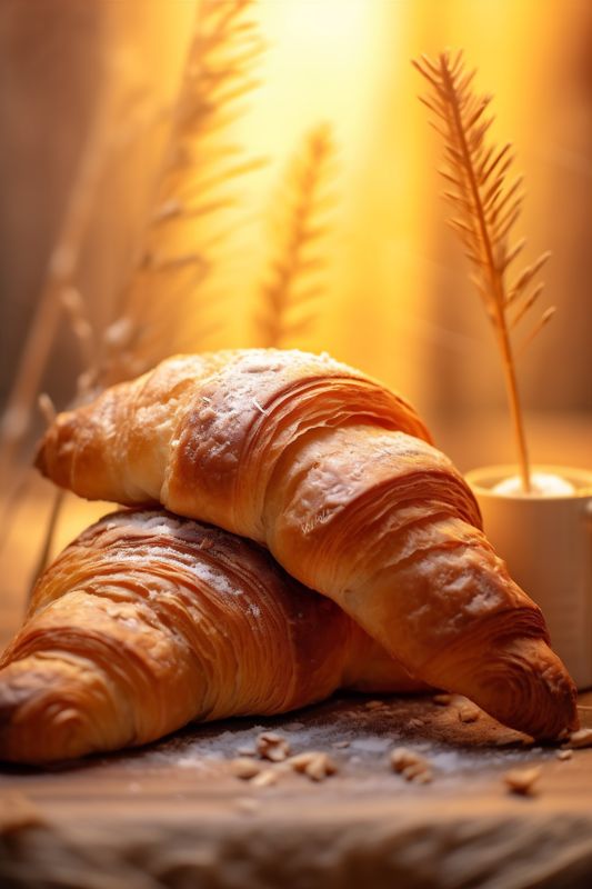 france table background background cup drink croissant food breakfast bokeh morning bakery. Generative AI.