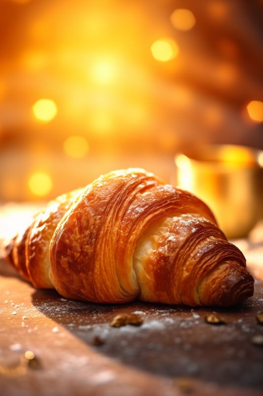 food croissant morning space table cup bakery drink background background bokeh breakfast. Generative AI.