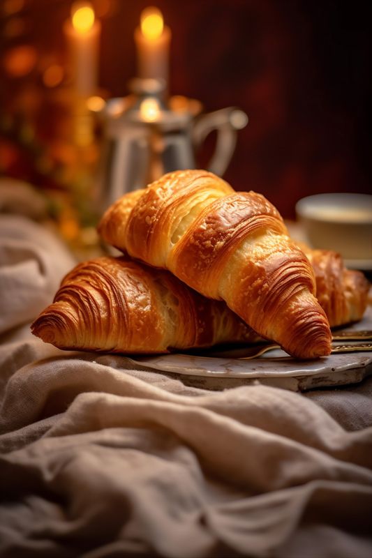morning table food cup breakfast background bakery drink bokeh background space croissant. Generative AI.