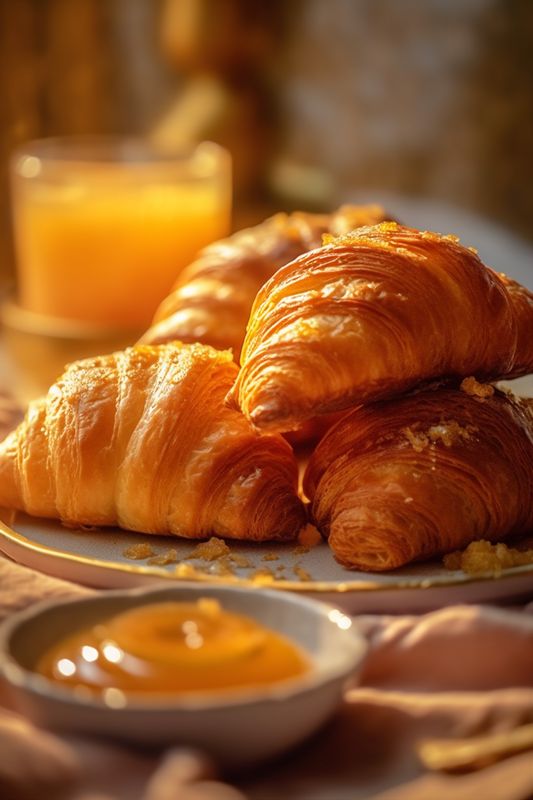 background bakery cup table pastry breakfast morning background bokeh croissant food drink. Generative AI.