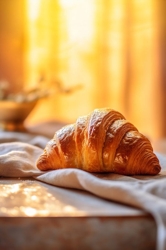 morning breakfast background croissant background food cup drink bokeh bakery table freshness. Generative AI.