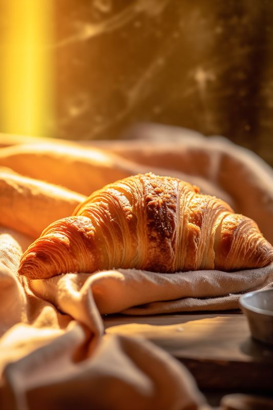 cup background background bakery morning bokeh breakfast table delicious croissant drink food. Generative AI.