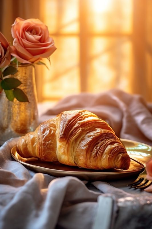 breakfast morning food bakery cafe background cup drink bokeh table background croissant. Generative AI.