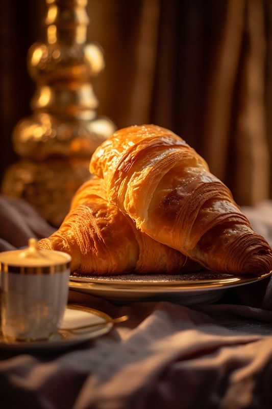 table bokeh cup background food breakfast sweet croissant morning background bakery drink. Generative AI.