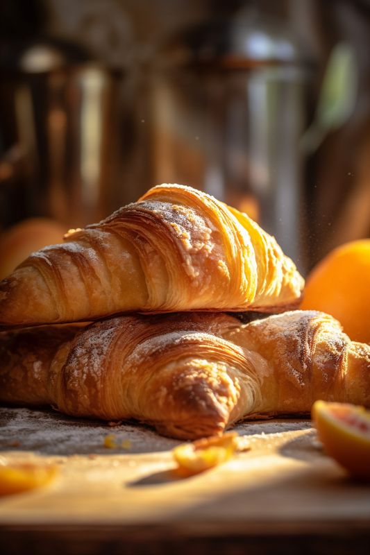 bokeh background background morning drink space table breakfast food cup croissant bakery. Generative AI.
