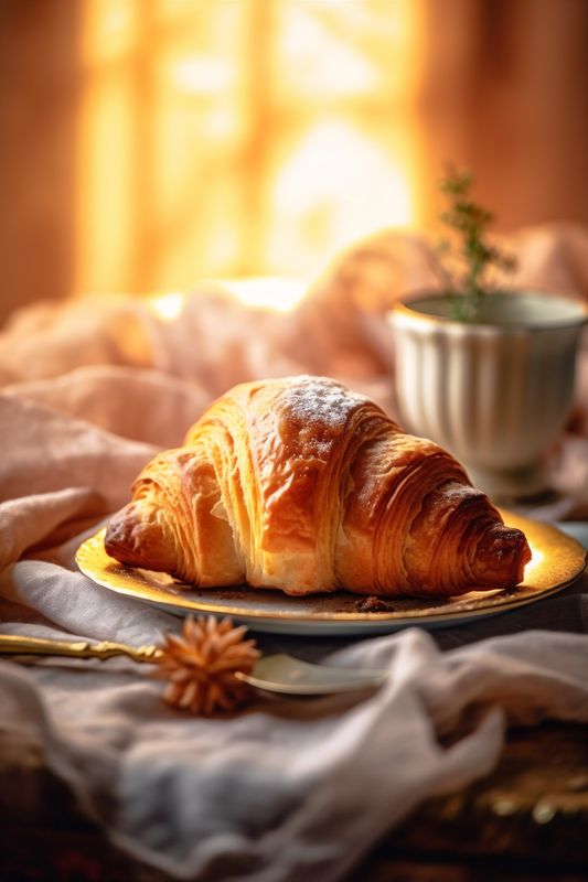 background bokeh drink food gold background cup croissant breakfast table morning bakery. Generative AI.