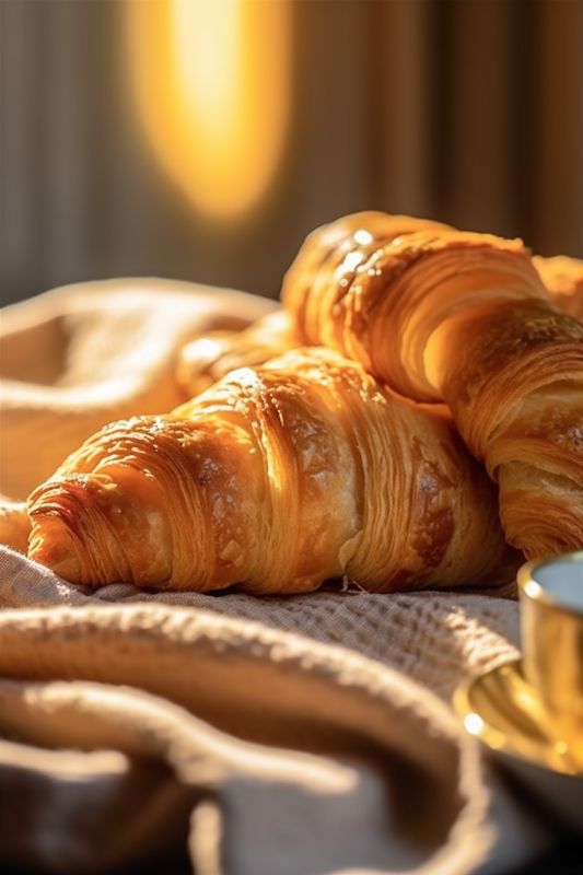 background croissant breakfast bakery bokeh table cup tea food drink morning background. Generative AI.